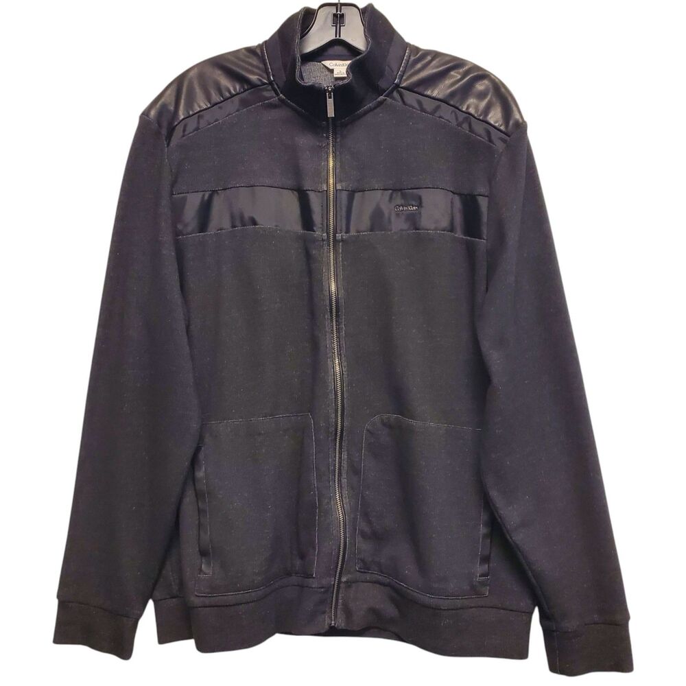 CALVIN KLEIN Jacket Mens Large Black Full Zip Casual Track Pockets Cotton Blend